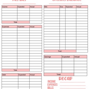 May include: A printable budget planner with sections for income, expenses, bills, savings, and debt. The planner includes a recap section for totals. The planner is designed to help people track their finances and create a budget.
