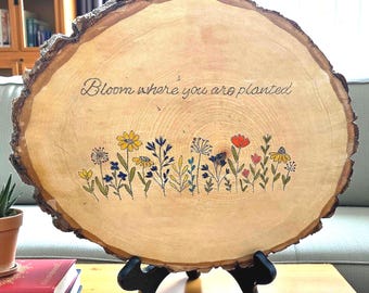 Hand Burnt Wildflower Wood Slice Sign, Floral Decor
