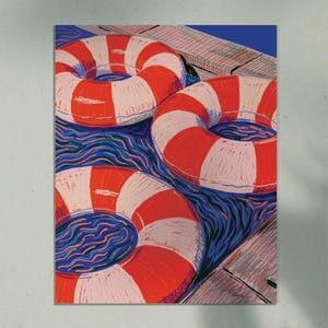 Floating Summer Print | Orange & Azure Art Print | Mediterranean Summer Wall Art | Orange Pool Float Poster | Coastal Art