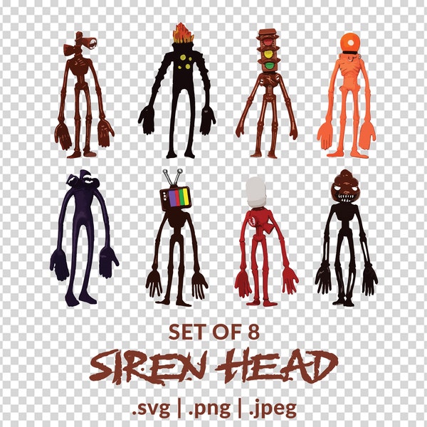 Conjunto de 8 - Siren Head SVG PNG JPEG / divertido / horror / sobrenatural / regalo / niños / halloween / aterrador / monstruo / criatura mítica / espeluznante