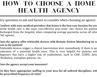 How to Choose a Home Health Agency | Patient Education Handout | Home Health Guide | Discharge Planning Resource |Clinician Leave Behind PDF
