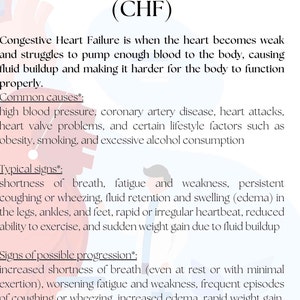May include: Informative text on a white background details Congestive Heart Failure (CHF), its causes, and symptoms. The text includes common causes like high blood pressure and typical signs such as shortness of breath.