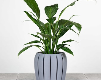 Planter with Hidden Drainage Tray | Modern Indoor Plant Pot | Minimalist Ribbed Plant Pot | Gray color and more