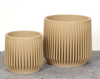 Modern Minimalist Plant Pot with Drainage | Ribbed Beige Planter and Saucer | Indoor Decor Pot | Hidden drip tray