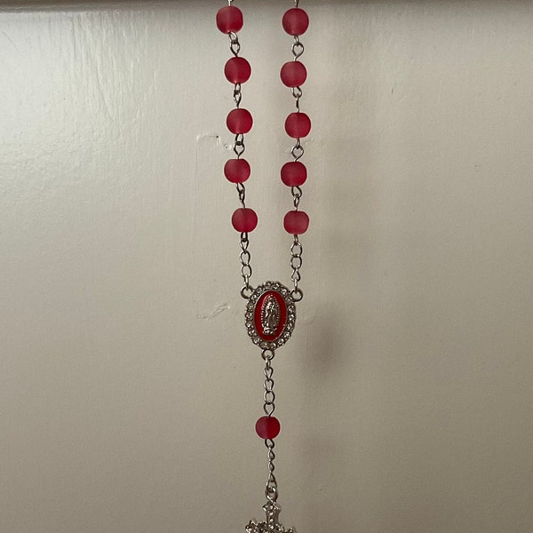 Red Auto Rosary - Frosted Glass Beads