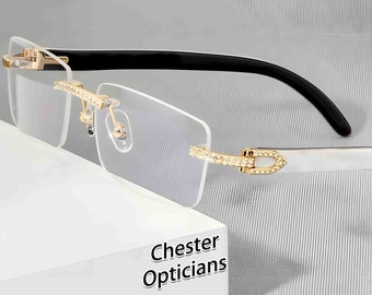 Gafas de cuerno de búfalo Gafas de diamantes de oro hechas a mano Gafas de diamantes de cuerno blanco y negro Lentes graduadas Miopía Hipermetropía Zirconia cúbica