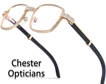 Büffelhorn-Goldbrille, Buffs, Diamant, handgefertigt, individuelle Brille, verschreibungspflichtige Linsen, Myopie, Hyperopie, Zirkonia, Moissanit-Holzbrille