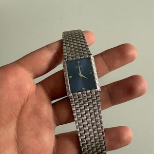 Vintage Piaget Rare Wristwatch, Diamond Markers and Basket Woven Strap, 1970's-1980's Blue Rectangular Dial