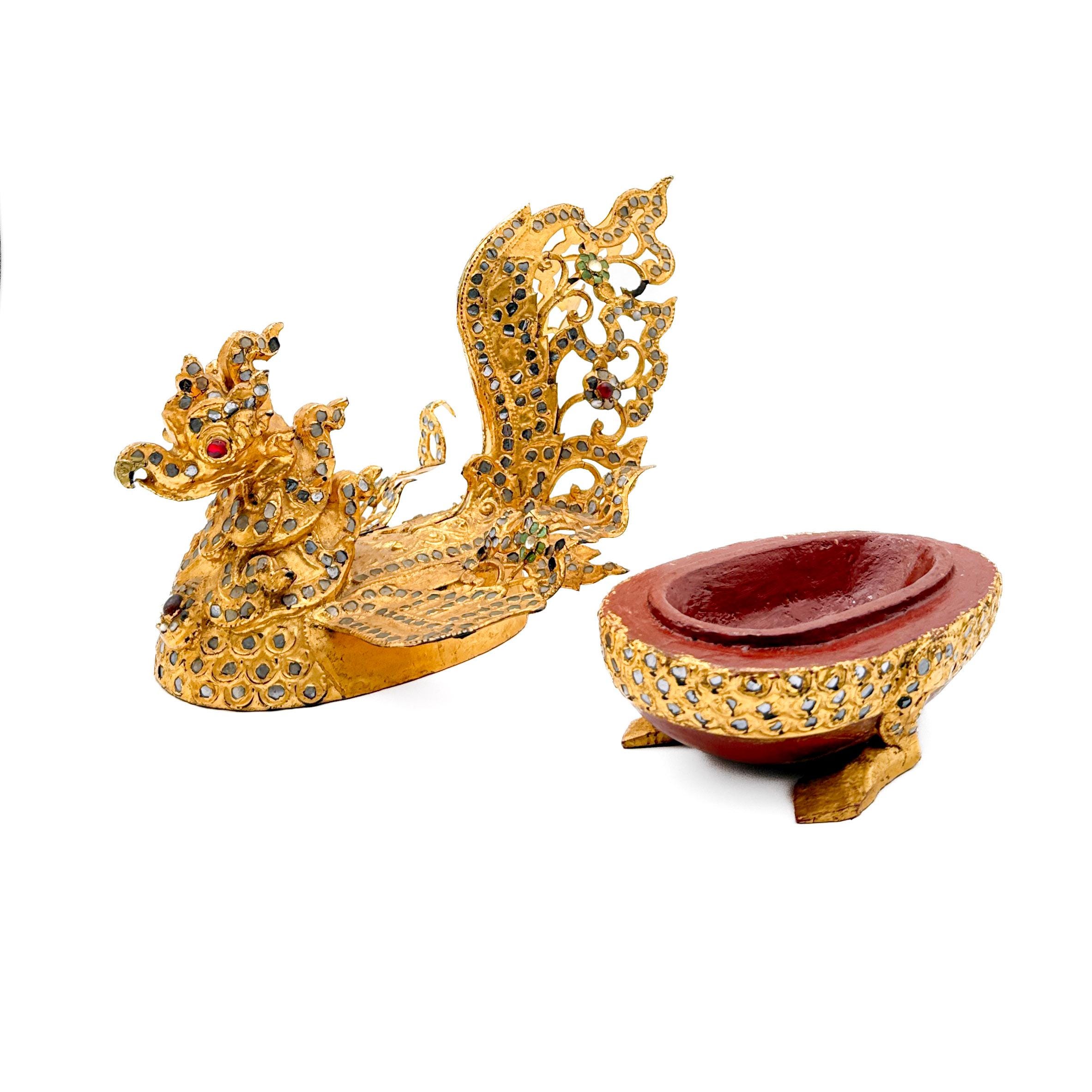 Vintage Burmese Hintha Bird Betel Box: Gold Lacquer Inlaid Glass ...