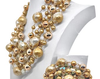 Vintage Vintage 1950er Jahre 7 Reihen Statement Schmuck Set Gold Zucker Perle und Folienperle