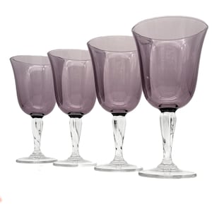 Set of 4 Casual Settings Amethyst  by Cristal d’Arques Durand Tall Water Wine Glasses - Vintage Glasses - Purple Bowl Clear Twisted Stem