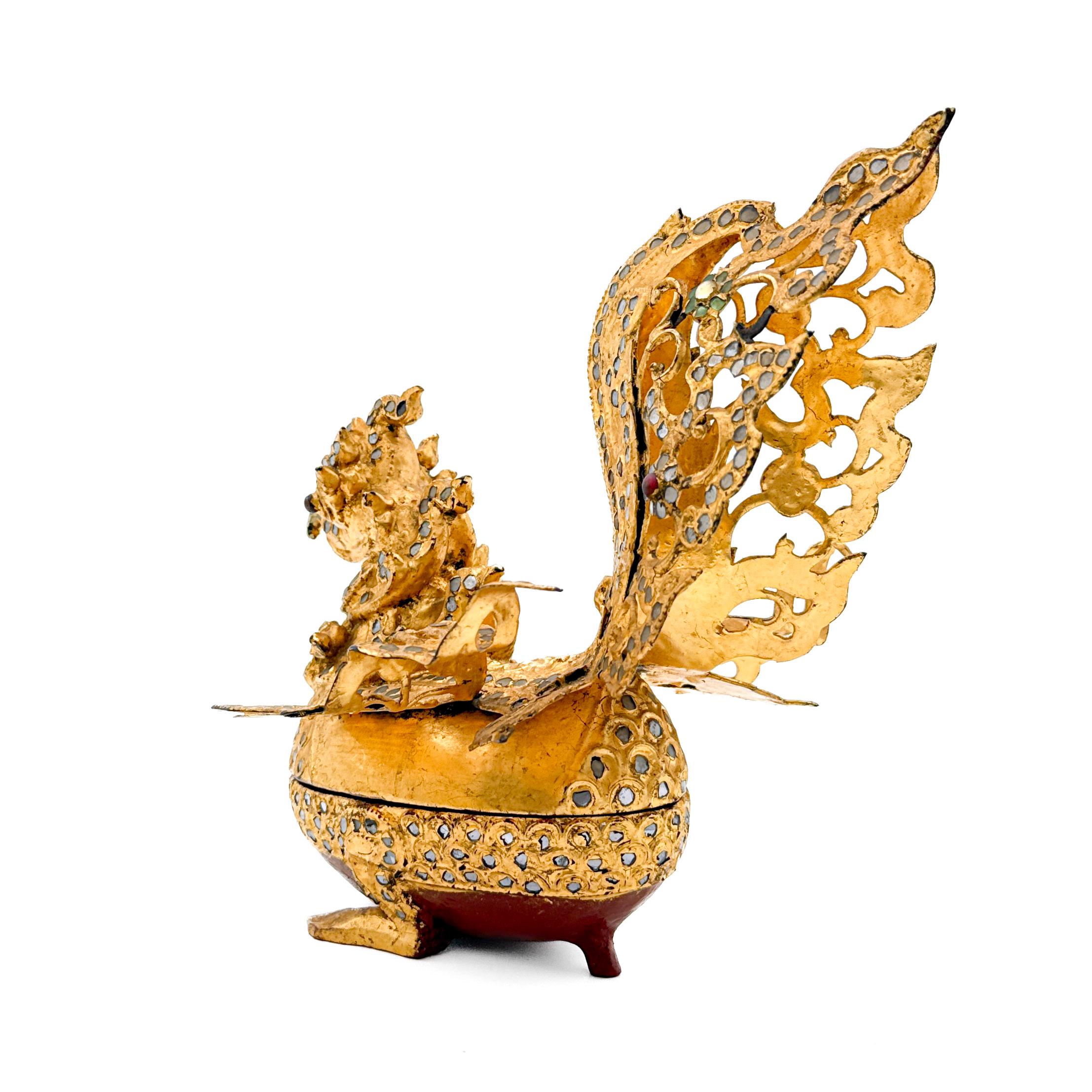 Vintage Burmese Hintha Bird Betel Box: Gold Lacquer Inlaid Glass ...