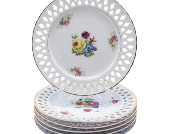Vintage M/K Japan Hand-Painted Reticulated Salad/Dessert Plates - Set of 4 Assorted Floral Designs
