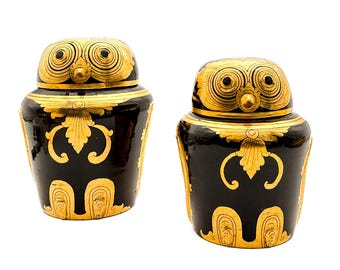 Vintage Burmese Lacquerware Owl Boxes - Set of 2