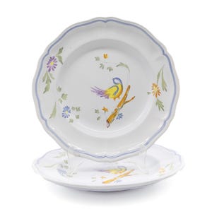 Longchamp Perouges France Dinner Plate 10 1/4” Bird On Branch Hand Painted Set Of 2