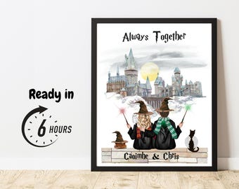 Custom couple wizard portrait harry style gifts for couples with pet wizard family print gift for BFF, wizard school custom made gifts