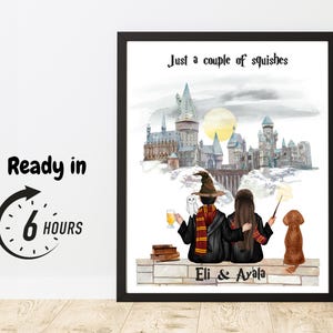 Christmas couple wizard portrait harry style gifts for couples with pet family print gift for women digital print custom made gifts for her