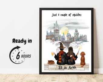 Christmas couple wizard portrait harry style gifts for couples with pet family print gift for women digital print custom made gifts for her