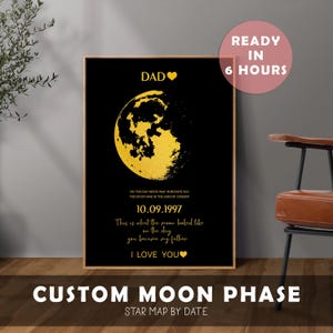 Impression personnalisée des phases de la lune, Impression encadrée de ciel nocturne, Ciel nocturne par date, Cadeau d'anniversaire personnalisé, Anniversaire le jour de votre naissance, Carte des étoiles par date
