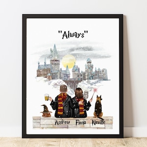 Può includere: Stampa artistica incorniciata con un'illustrazione ad acquerello di un castello sotto la luna piena, con due figure e un cane. La parola "Always" è in alto. I nomi sono stampati in basso. Un tema magico.