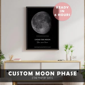 Impression personnalisée des phases de la lune, Impression encadrée de ciel nocturne, Ciel nocturne par date, Cadeau d'anniversaire personnalisé, Anniversaire le jour de votre naissance, Carte des étoiles par date