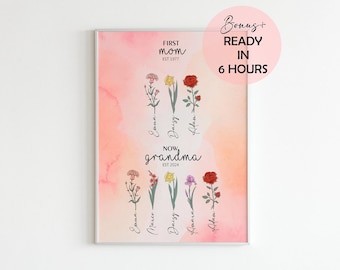 Mother's Day Gift for Grandma, Custom Birth Flower Bouquet Wall Art, Nana's Garden,Mom's Garden,Personalized Antique Flower Digital Print