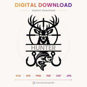 May include: A black graphic design featuring a deer head centered within a circular crosshair target, positioned above a horizontal banner containing the text HUNTER, with a fish and two fishing hooks displayed below the banner.
