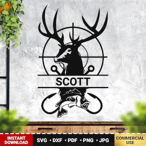 Monograma de ciervo y pez SVG, DXF, PNG, archivo de corte de monograma dividido de caza, clipart de monograma de pesca, silueta, Cricut, Dxf de pesca, ciervo y pez