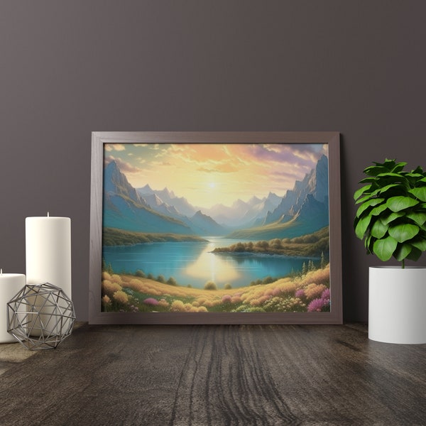 Digital Vintage Mountain Landscape - Blue Lake Sunset, Flower Fields Art, Instant Download, Timeless Decor, Print-Yourself, Multiple Sizes