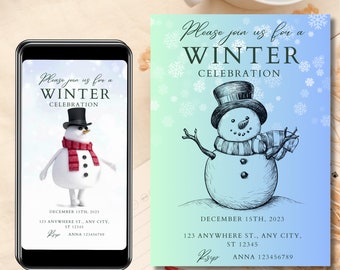 Schneemann-Einladung, Winterwunderland-Einladung, Schneemann-Geburtstags-Einladung, Schnee-Geburtstags-Einladung, bearbeitbar, DIY, Printables, 0078