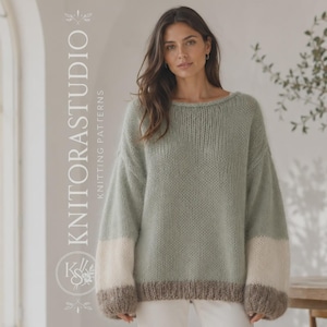 Stickmönster för mohairtröja, överdimensionerad båtringad pullover, topp med ballongärm och färgblock