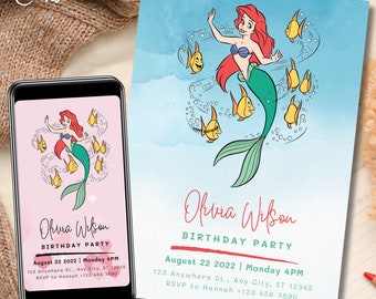 Kleine Meerjungfrau Einladung, Ariel Einladung, Ariel Prinzessin Geburtstagseinladung, Kleine Meerjungfrau Geburtstagseinladung 00110