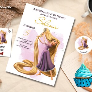 Rapunzel verjaardagsfeestje uitnodiging sjabloon, Rapunzel verjaardagsuitnodiging, Rapunzel dank u tag, bewerkbare uitnodiging, verjaardagskaart 0066