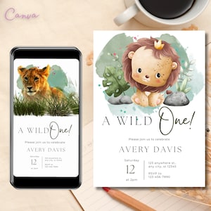 Wild one birthday invitation, Lion birthday invitation, Wild lion, Baby lion invite, Printable, Editable in Canva 0076