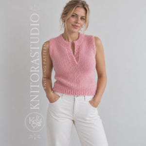 May include: A sleeveless pink knitted sweater vest featuring a ribbed texture, a notched neckline, and a straight hem. The text KNITORASTUDIO KNITTING PATTERNS is printed vertically in white on the left side of the image.