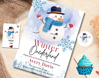 Schneemann-Einladung, Winterwunderland-Einladung, Schneemann-Geburtstags-Einladung, Schnee-Geburtstags-Einladung, bearbeitbar, DIY, Printables, 0079