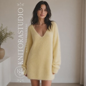May include: A pale yellow long-sleeved sweater with a deep V-neckline and a fuzzy, soft-textured knit finish. The garment features a relaxed, loose-fitting silhouette that falls to the mid-thigh. Text on the left reads KNITORASTUDIO KNITTING PATTERNS.