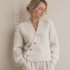 Pode incluir: Um cardigã de cor creme, de manga comprida e decote em V, com um fecho de botões diagonal com quatro botões visíveis e punhos canelados. O texto KNITORASTUDIO KNITTING PATTERNS está impresso verticalmente no lado esquerdo da peça.