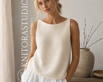 Può includere: Un top in maglia senza maniche color crema con un ampio scollo a barchetta e una texture a legaccio orizzontale. Il capo è abbinato a pantaloni bianchi. Il testo KNITORASTUDIO KNITTING PATTERNS è visibile sul lato sinistro dell'immagine.