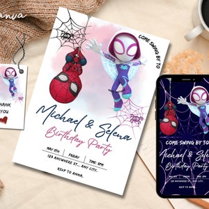 ゴーストスパイダー誕生日招待状グウェン、スパイダーマン誕生日招待状、アメージングフレンズツイン誕生日招待状編集可能 0065