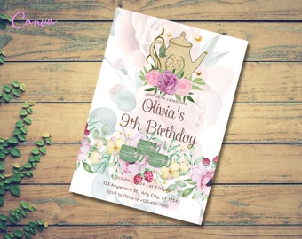 Bearbeitbare Tee-Party-Geburtstags-Einladung Tee-Geburtstags-Einladung Druckbare Vorlage herunterladen, die in Canva bearbeitet werden kann 0058