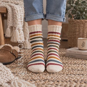 Modèle de chaussettes rayées à tricoter, chaussettes d'hiver confortables, laine peignée, PDF pour adultes