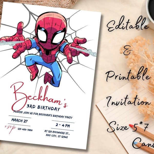 Modèle d'invitation de Spiderman | Invitation de fête d'anniversaire modifiable | Modèle numérique d'invitation à une fête d'enfants | Invitation fête d'enfants Spider-Man 0052