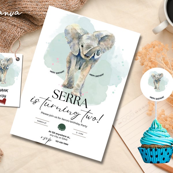 Cute Elephant Boy or Girl Birthday Invitation Africa Theme Party Birthday Invite Safari Animal Birthday Invitation 0069