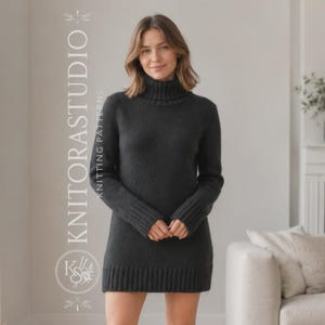 May include: A charcoal gray long-sleeve sweater dress featuring a high turtleneck collar, ribbed cuffs, and a ribbed hem. The text KNITORASTUDIO KNITTING PATTERNS is printed vertically on the left side of the image in a light gray font.