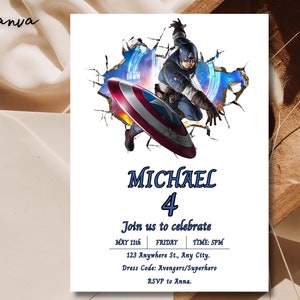 Captain America invitation, Captain America birthday invitation, Captain America invite, Birthday Invitation, Editable, Captain America 0031