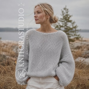 Oversized Mohair Sweater Knitting Pattern PDF, Balloon Sleeve Knit Jumper, Top Down Seamless Pullover