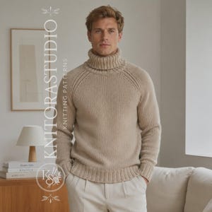 May include: A beige long-sleeve turtleneck sweater with a ribbed collar, cuffs, and hem. The knit garment features a classic stockinette stitch pattern throughout the body and sleeves, providing a textured appearance in a neutral light tan color.