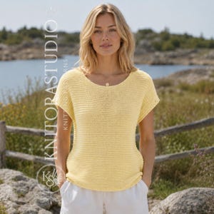 Knitted Summer Tee Pattern PDF, Relaxed Garter Stitch Top, Cap Sleeve Blouse, Lightweight Cotton