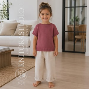 Patrón de punto para top infantil con cuello barco, camisa de verano para niña, jersey de manga corta estilo lino.